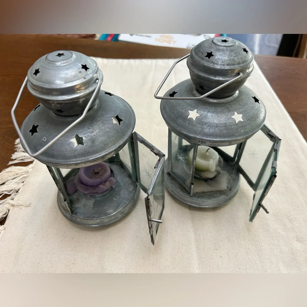 Two Vintage Galvanized hexagon Tea lights, handcrafted in India, hang or stand.